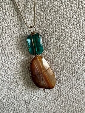 Handmade Green and Brown stone Wire-Wrapped Pendant Necklace